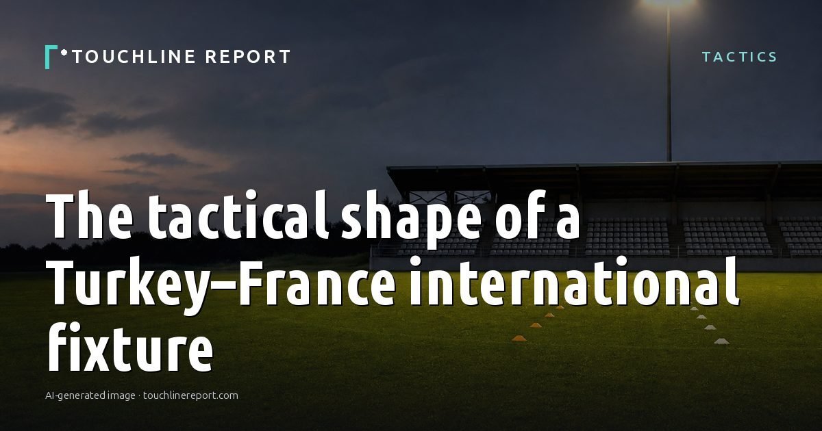 Illustration for the Tactics article “The tactical shape of a Turkey–France international fixture”: an AI-generated editorial illustration showing a scene illustrating the subject of the article, with the headline set over it. Illustrative only, not a photograph of a real event.