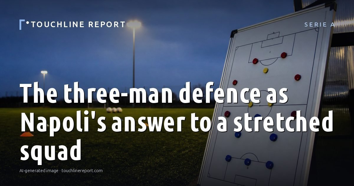 Illustration for the Serie A article “The three-man defence as Napoli's answer to a stretched squad”: an AI-generated editorial illustration showing a scene illustrating the subject of the article, with the headline set over it. Illustrative only, not a photograph of a real event.