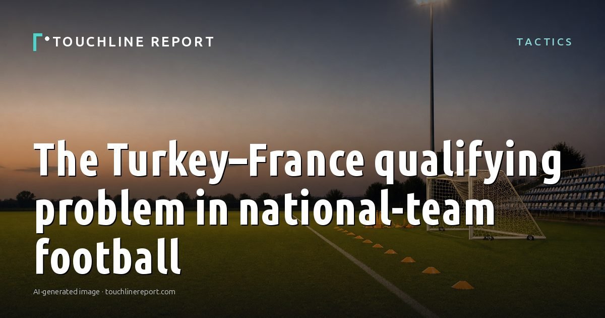 Illustration for the Tactics article “The Turkey–France qualifying problem in national-team football”: an AI-generated editorial illustration showing an empty training ground at dawn with cones and markers laid out, with the headline set over it. Illustrative only, not a photograph of a real event.