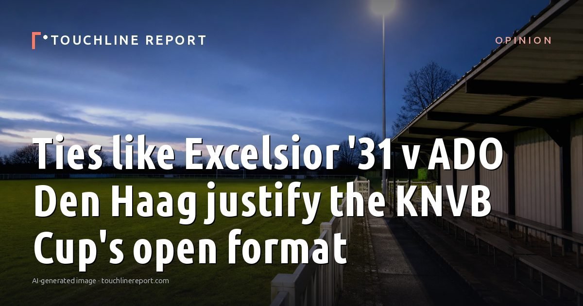 Illustration for the Opinion article “Ties like Excelsior '31 v ADO Den Haag justify the KNVB Cup's open format”: an AI-generated editorial illustration showing an empty training ground at dawn with cones and markers laid out, with the headline set over it. Illustrative only, not a photograph of a real event.
