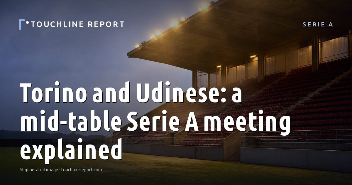 Illustration for the Serie A article “Torino and Udinese: a mid-table Serie A meeting explained”: an AI-generated editorial illustration showing an empty training ground at dawn with cones and markers laid out, with the headline set over it. Illustrative only, not a photograph of a real event.