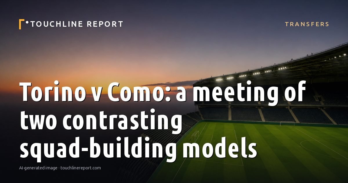 Illustration for the Transfers article “Torino v Como: a meeting of two contrasting squad-building models”: an AI-generated editorial illustration showing a scene illustrating the subject of the article, with the headline set over it. Illustrative only, not a photograph of a real event.