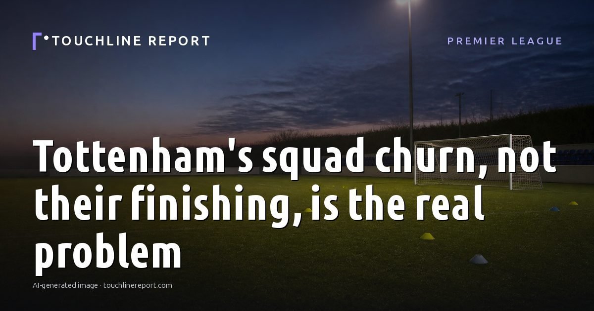 Illustration for the Premier League article “Tottenham's squad churn, not their finishing, is the real problem”: an AI-generated editorial illustration showing an empty training ground at dawn with cones and markers laid out, with the headline set over it. Illustrative only, not a photograph of a real event.