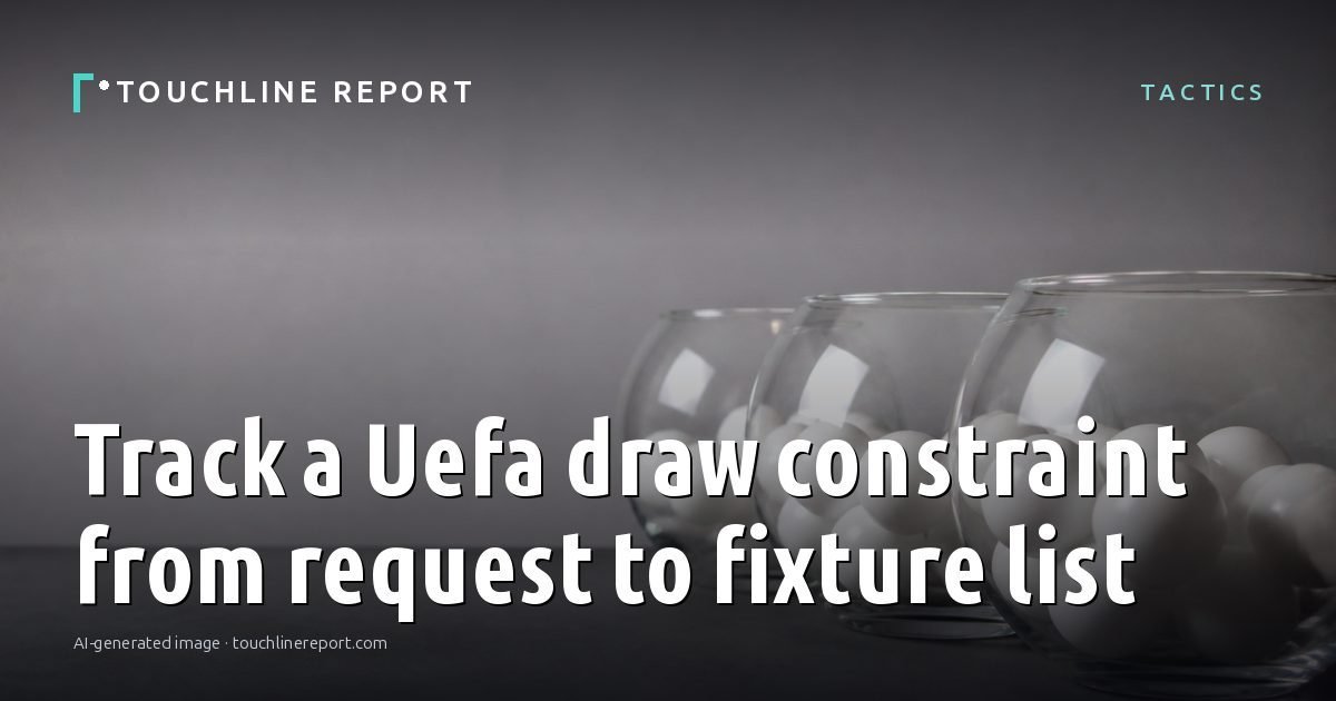 Illustration for the Tactics article “Track a Uefa draw constraint from request to fixture list”: an AI-generated editorial illustration showing an empty training ground at dawn with cones and markers laid out, with the headline set over it. Illustrative only, not a photograph of a real event.