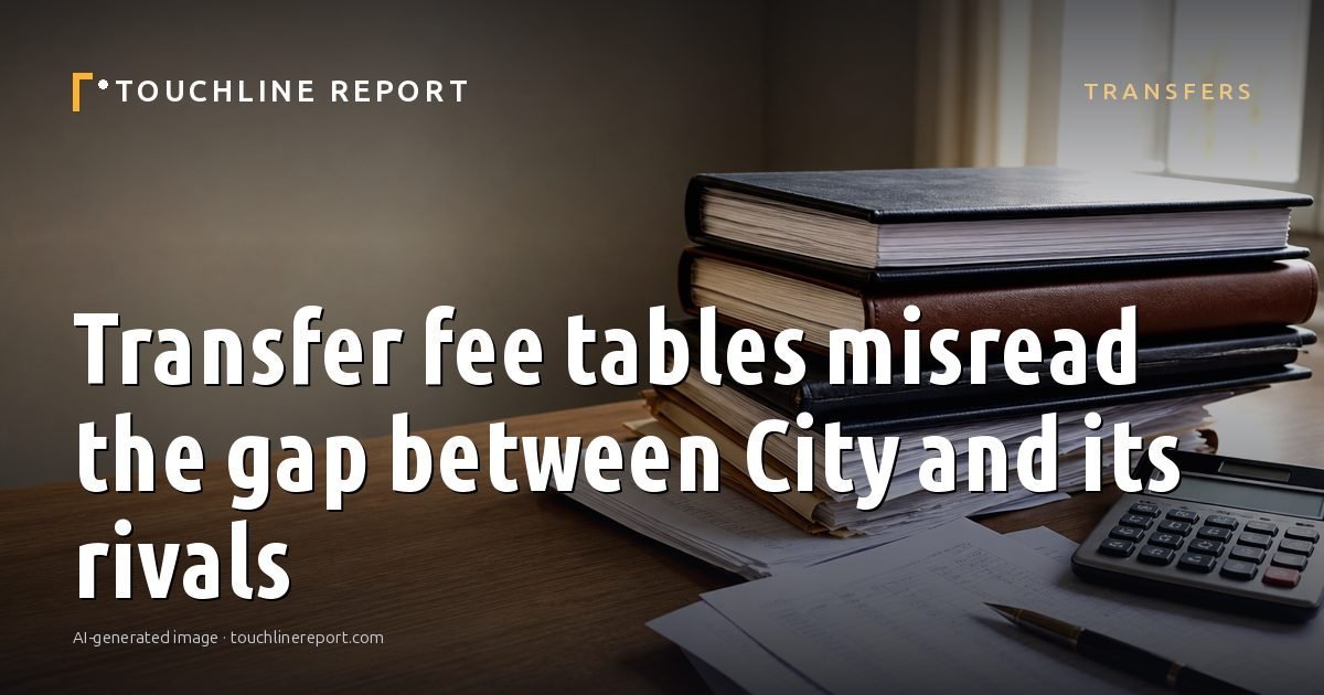 Illustration for the Transfers article “Transfer fee tables misread the gap between City and its rivals”: an AI-generated editorial illustration showing a scene illustrating the subject of the article, with the headline set over it. Illustrative only, not a photograph of a real event.