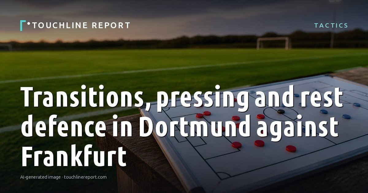 Illustration for the Tactics article “Transitions, pressing and rest defence in Dortmund against Frankfurt”: an AI-generated editorial illustration showing a scene illustrating the subject of the article, with the headline set over it. Illustrative only, not a photograph of a real event.