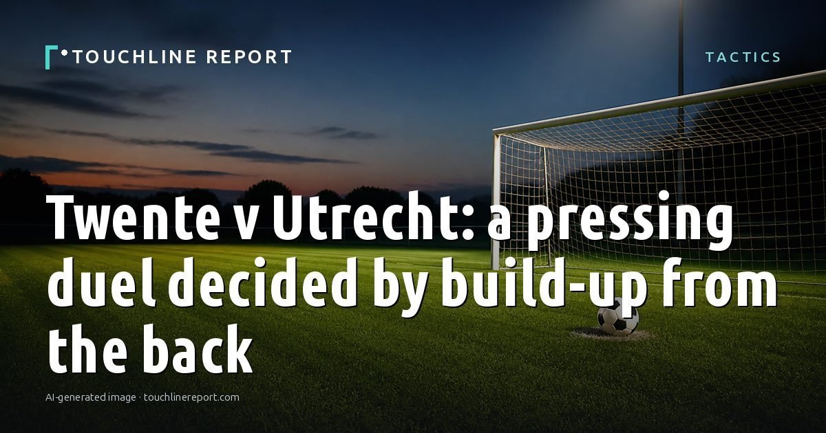 Illustration for the Tactics article “Twente v Utrecht: a pressing duel decided by build-up from the back”: an AI-generated editorial illustration showing an empty training ground at dawn with cones and markers laid out, with the headline set over it. Illustrative only, not a photograph of a real event.