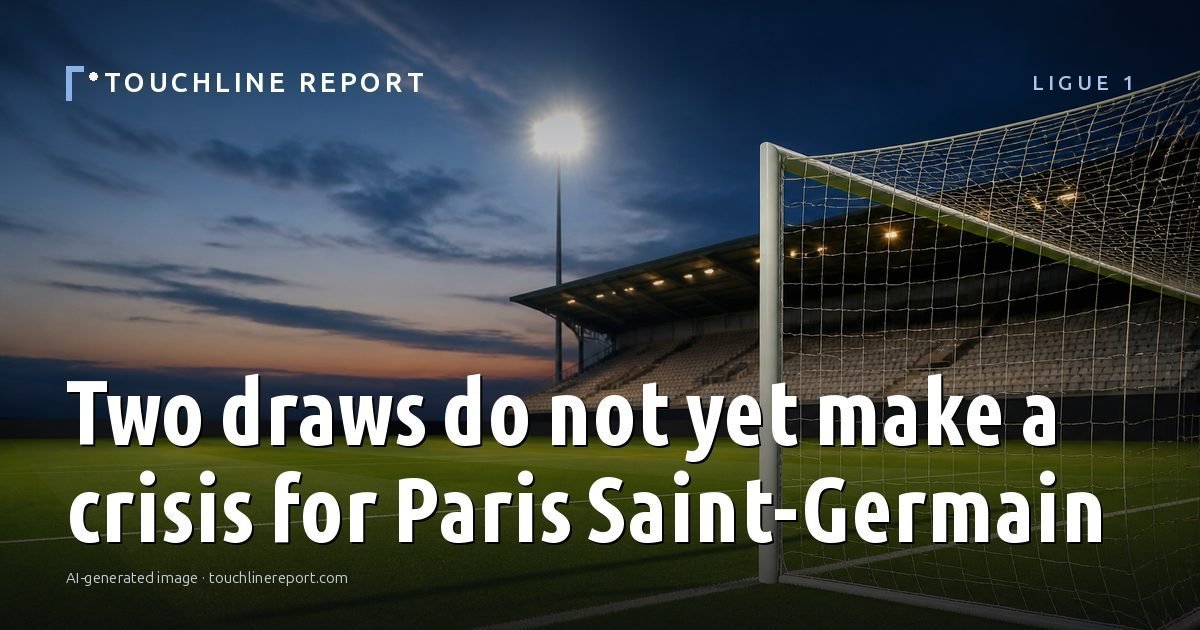 Illustration for the Ligue 1 article “Two draws do not yet make a crisis for Paris Saint-Germain”: an AI-generated editorial illustration showing a scene illustrating the subject of the article, with the headline set over it. Illustrative only, not a photograph of a real event.