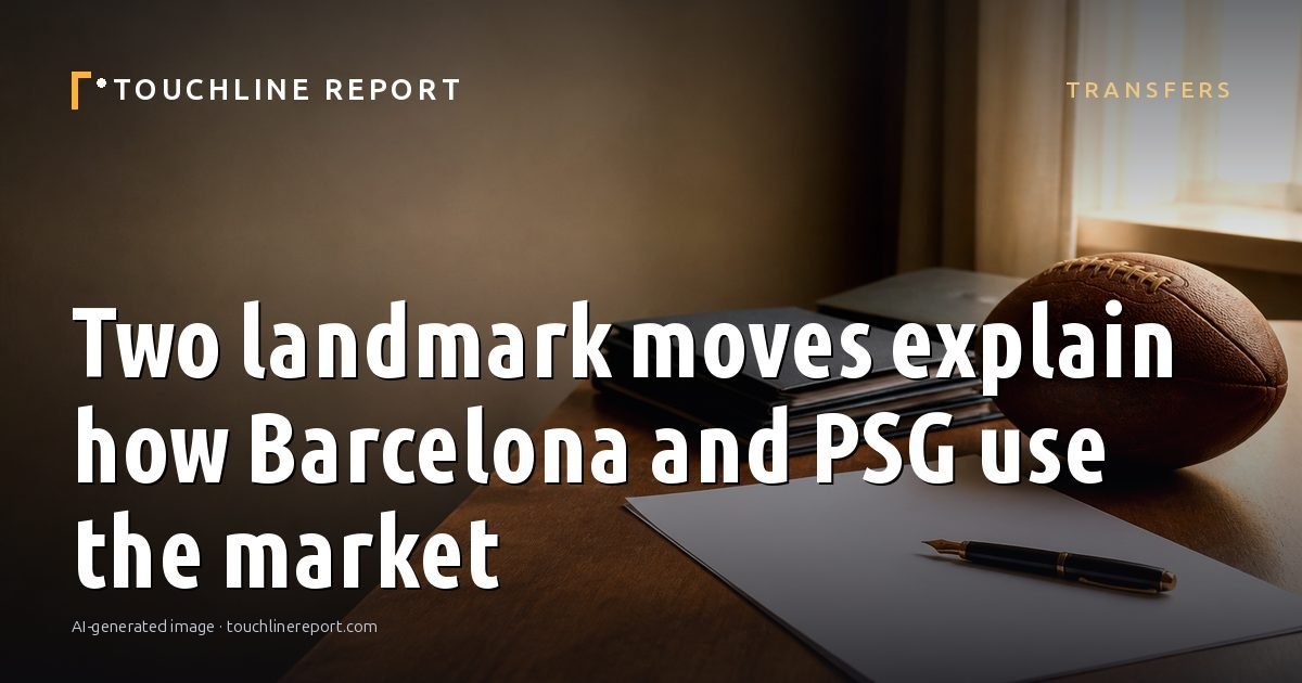 Illustration for the Transfers article “Two landmark moves explain how Barcelona and PSG use the market”: an AI-generated editorial illustration showing a scene illustrating the subject of the article, with the headline set over it. Illustrative only, not a photograph of a real event.