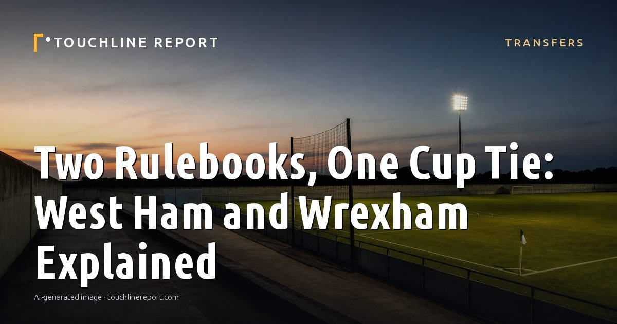 Illustration for the Transfers article “Two Rulebooks, One Cup Tie: West Ham and Wrexham Explained”: an AI-generated editorial illustration showing an empty training ground at dawn with cones and markers laid out, with the headline set over it. Illustrative only, not a photograph of a real event.