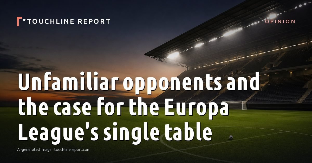 Illustration for the Opinion article “Unfamiliar opponents and the case for the Europa League's single table”: an AI-generated editorial illustration showing an empty training ground at dawn with cones and markers laid out, with the headline set over it. Illustrative only, not a photograph of a real event.