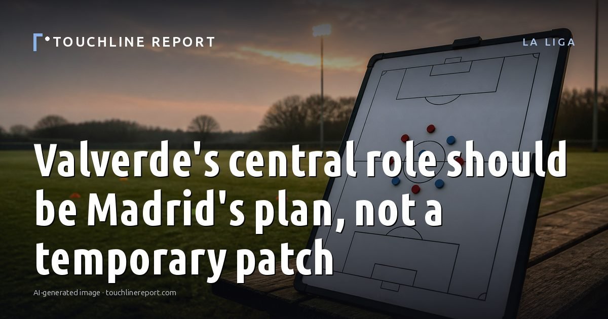 Illustration for the La Liga article “Valverde's central role should be Madrid's plan, not a temporary patch”: an AI-generated editorial illustration showing a scene illustrating the subject of the article, with the headline set over it. Illustrative only, not a photograph of a real event.