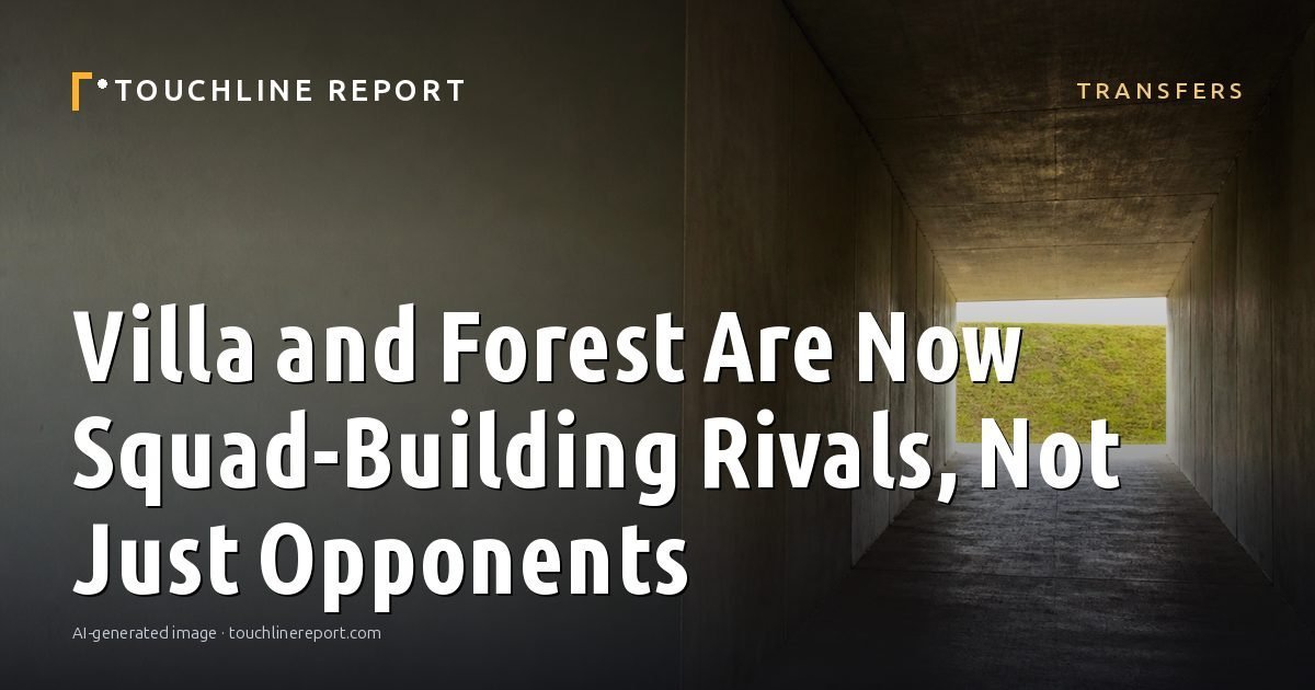 Illustration for the Transfers article “Villa and Forest Are Now Squad-Building Rivals, Not Just Opponents”: an AI-generated editorial illustration showing a scene illustrating the subject of the article, with the headline set over it. Illustrative only, not a photograph of a real event.