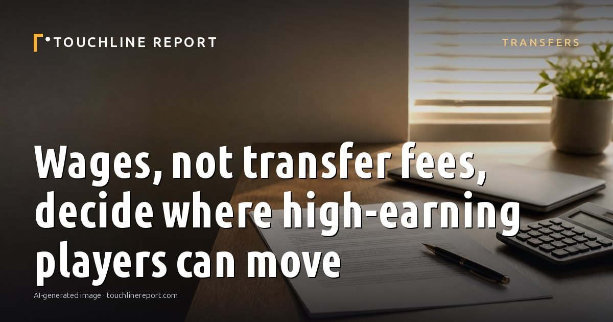 Illustration for the Transfers article “Wages, not transfer fees, decide where high-earning players can move”: an AI-generated editorial illustration showing a scene illustrating the subject of the article, with the headline set over it. Illustrative only, not a photograph of a real event.