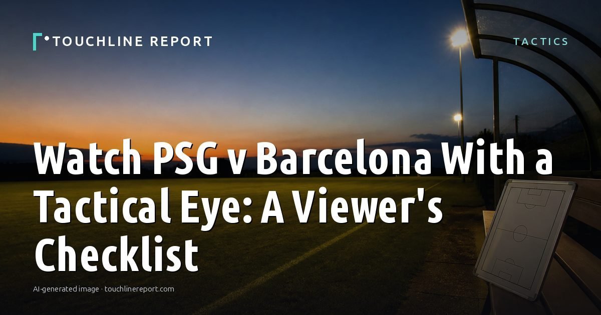 Illustration for the Tactics article “Watch PSG v Barcelona With a Tactical Eye: A Viewer's Checklist”: an AI-generated editorial illustration showing a scene illustrating the subject of the article, with the headline set over it. Illustrative only, not a photograph of a real event.