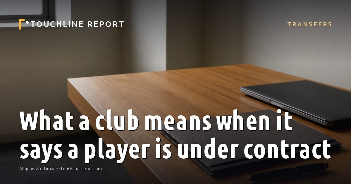 Illustration for the Transfers article “What a club means when it says a player is under contract”: an AI-generated editorial illustration showing a scene illustrating the subject of the article, with the headline set over it. Illustrative only, not a photograph of a real event.