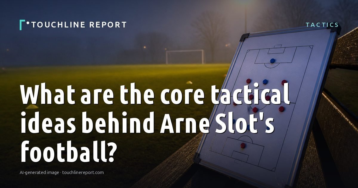 Illustration for the Tactics article “What are the core tactical ideas behind Arne Slot's football?”: an AI-generated editorial illustration showing an empty training ground at dawn with cones and markers laid out, with the headline set over it. Illustrative only, not a photograph of a real event.