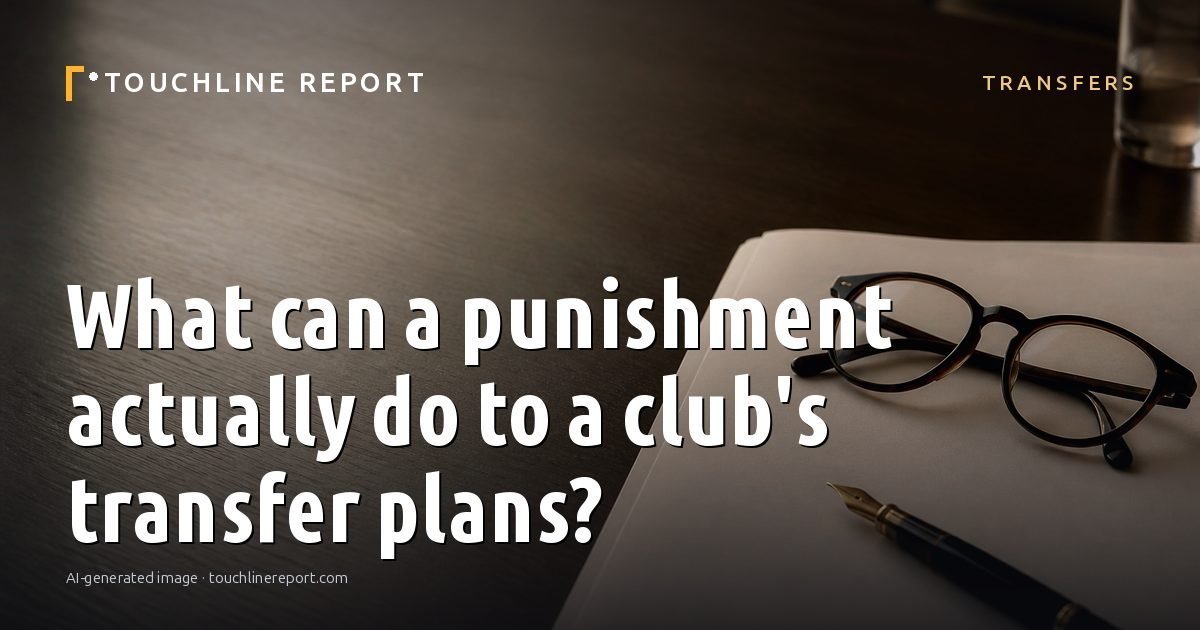 Illustration for the Transfers article “What can a punishment actually do to a club's transfer plans?”: an AI-generated editorial illustration showing a scene illustrating the subject of the article, with the headline set over it. Illustrative only, not a photograph of a real event.