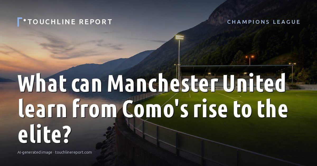 Illustration for the Champions League article “What can Manchester United learn from Como's rise to the elite?”: an AI-generated editorial illustration showing a scene illustrating the subject of the article, with the headline set over it. Illustrative only, not a photograph of a real event.