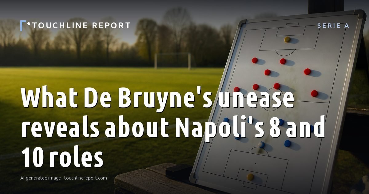Illustration for the Serie A article “What De Bruyne's unease reveals about Napoli's 8 and 10 roles”: an AI-generated editorial illustration showing a scene illustrating the subject of the article, with the headline set over it. Illustrative only, not a photograph of a real event.
