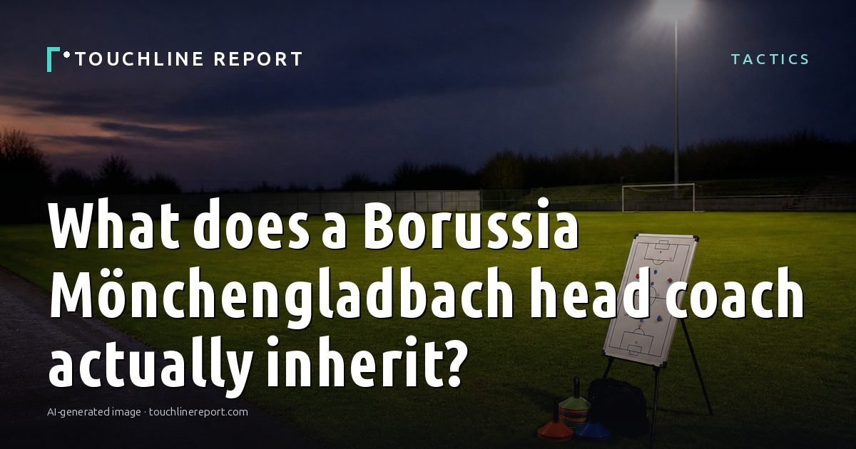 Illustration for the Tactics article “What does a Borussia Mönchengladbach head coach actually inherit?”: an AI-generated editorial illustration showing an empty training ground at dawn with cones and markers laid out, with the headline set over it. Illustrative only, not a photograph of a real event.