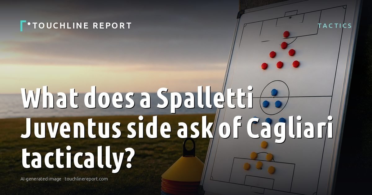 Illustration for the Tactics article “What does a Spalletti Juventus side ask of Cagliari tactically?”: an AI-generated editorial illustration showing a scene illustrating the subject of the article, with the headline set over it. Illustrative only, not a photograph of a real event.