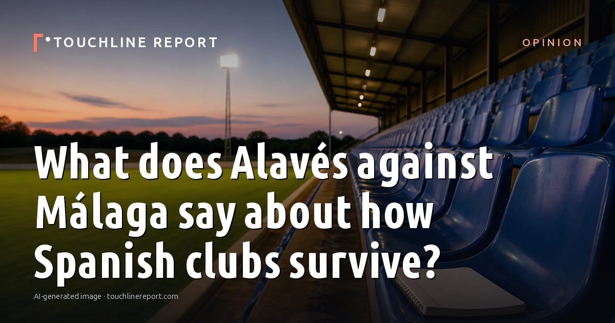 Illustration for the Opinion article “What does Alavés against Málaga say about how Spanish clubs survive?”: an AI-generated editorial illustration showing an empty training ground at dawn with cones and markers laid out, with the headline set over it. Illustrative only, not a photograph of a real event.