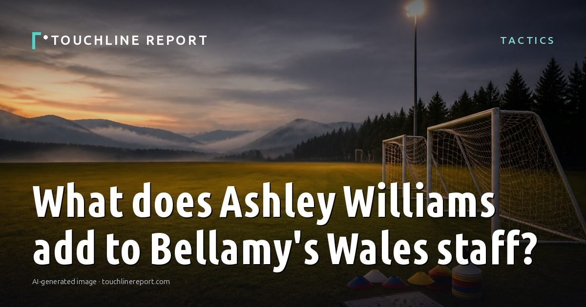 Illustration for the Tactics article “What does Ashley Williams add to Bellamy's Wales staff?”: an AI-generated editorial illustration showing an empty training ground at dawn with cones and markers laid out, with the headline set over it. Illustrative only, not a photograph of a real event.
