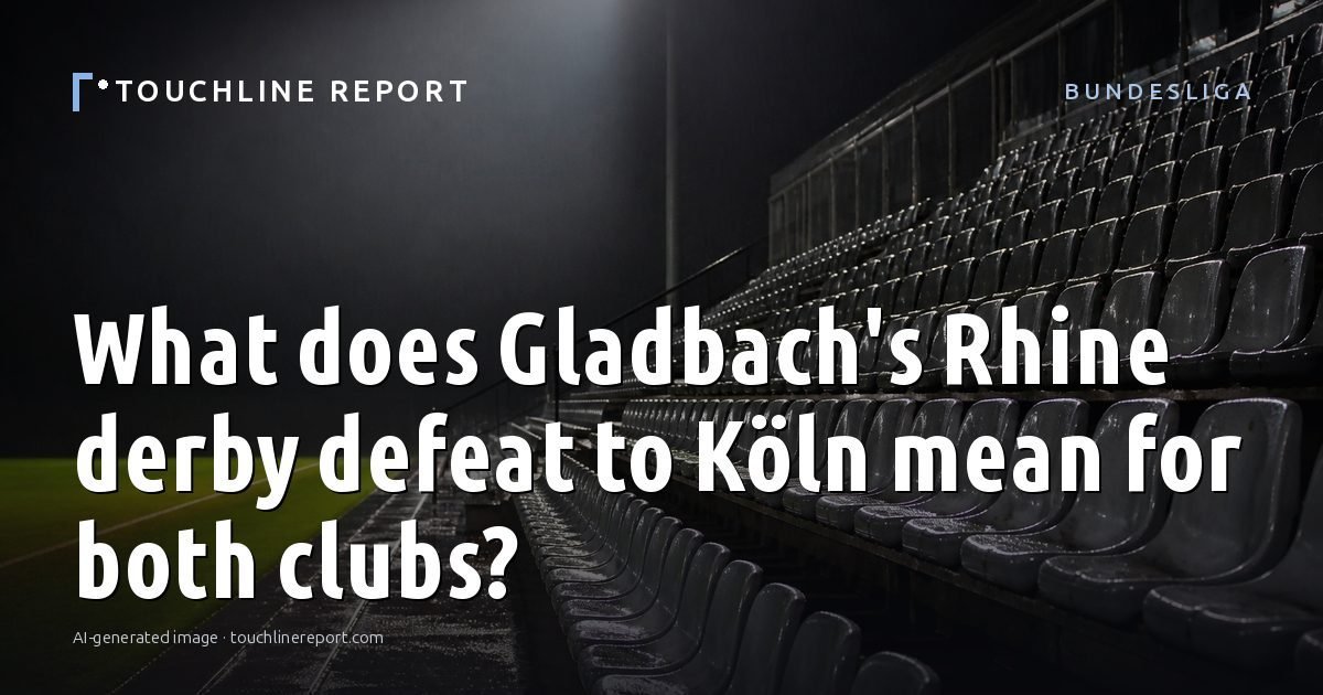 Illustration for the Bundesliga article “What does Gladbach's Rhine derby defeat to Köln mean for both clubs?”: an AI-generated editorial illustration showing an empty training ground at dawn with cones and markers laid out, with the headline set over it. Illustrative only, not a photograph of a real event.