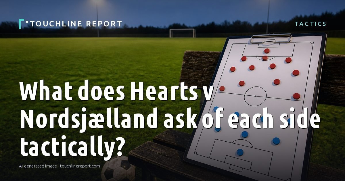 Illustration for the Tactics article “What does Hearts v Nordsjælland ask of each side tactically?”: an AI-generated editorial illustration showing an empty training ground at dawn with cones and markers laid out, with the headline set over it. Illustrative only, not a photograph of a real event.