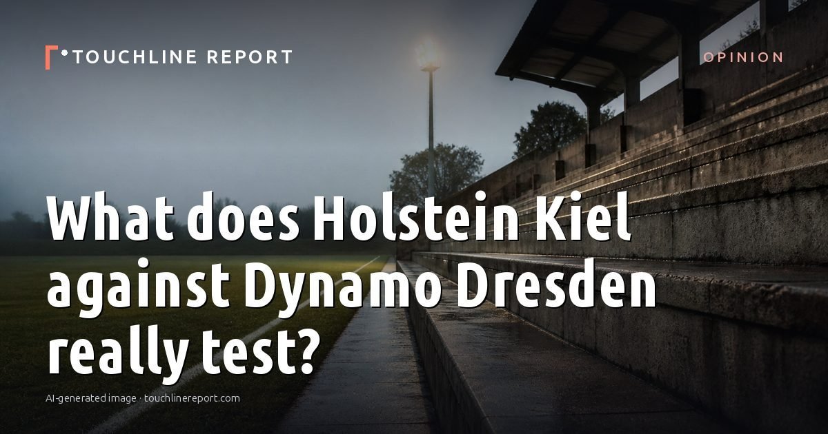 Illustration for the Opinion article “What does Holstein Kiel against Dynamo Dresden really test?”: an AI-generated editorial illustration showing an empty training ground at dawn with cones and markers laid out, with the headline set over it. Illustrative only, not a photograph of a real event.