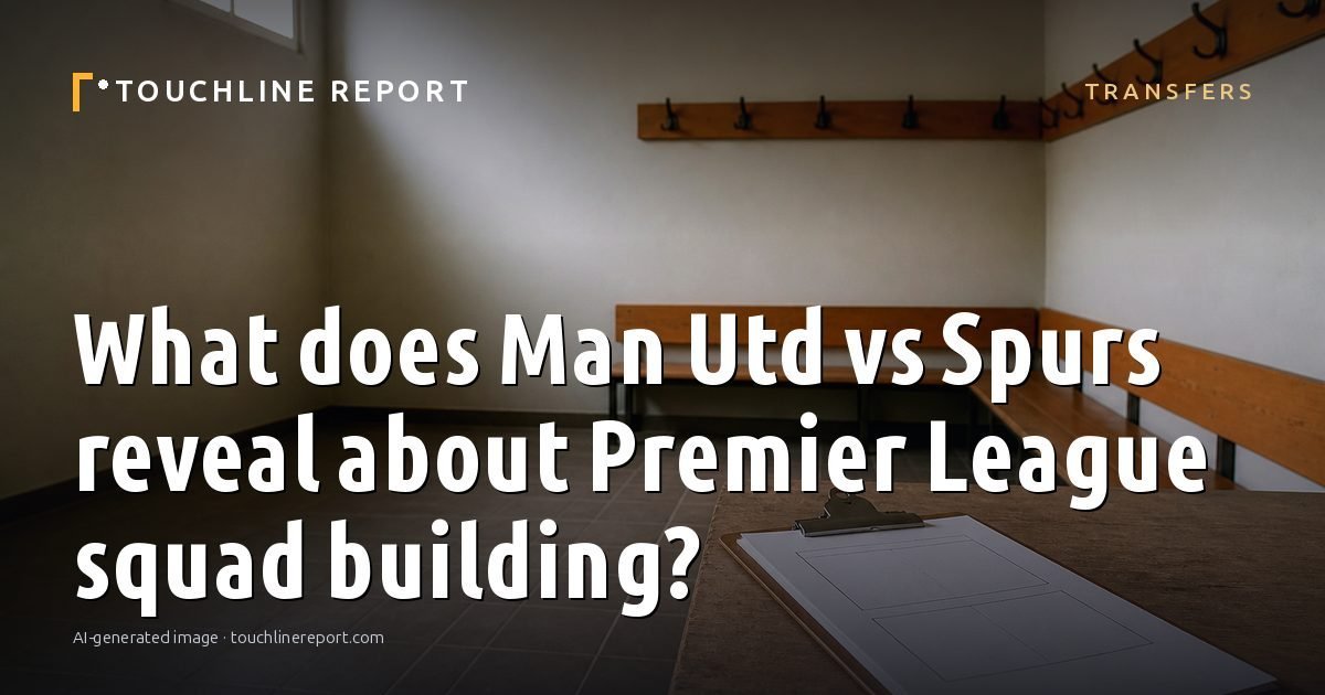 Illustration for the Transfers article “What does Man Utd vs Spurs reveal about Premier League squad building?”: an AI-generated editorial illustration showing a scene illustrating the subject of the article, with the headline set over it. Illustrative only, not a photograph of a real event.