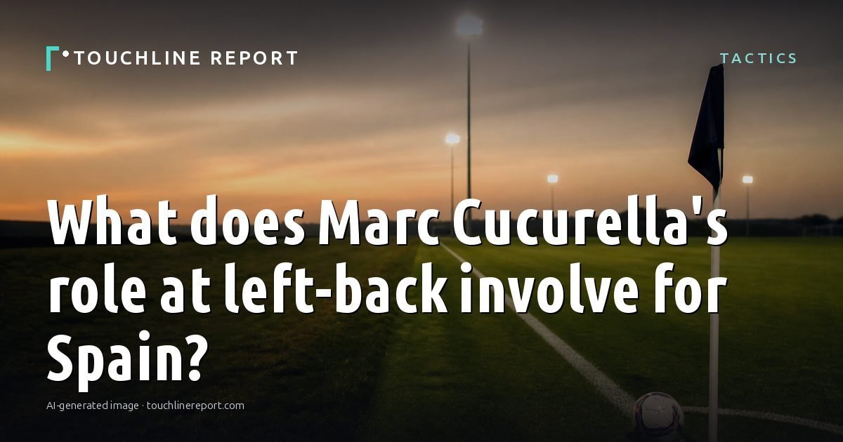 Illustration for the Tactics article “What does Marc Cucurella's role at left-back involve for Spain?”: an AI-generated editorial illustration showing an empty training ground at dawn with cones and markers laid out, with the headline set over it. Illustrative only, not a photograph of a real event.