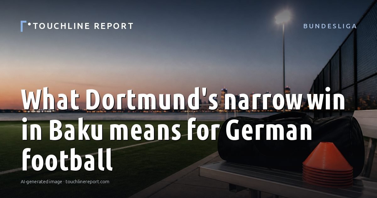 Illustration for the Bundesliga article “What Dortmund's narrow win in Baku means for German football”: an AI-generated editorial illustration showing an empty training ground at dawn with cones and markers laid out, with the headline set over it. Illustrative only, not a photograph of a real event.