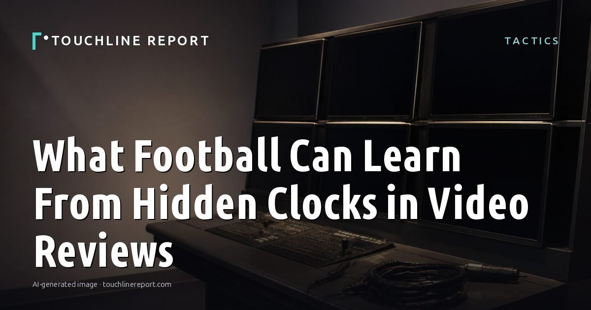 Illustration for the Tactics article “What Football Can Learn From Hidden Clocks in Video Reviews”: an AI-generated editorial illustration showing an empty training ground at dawn with cones and markers laid out, with the headline set over it. Illustrative only, not a photograph of a real event.