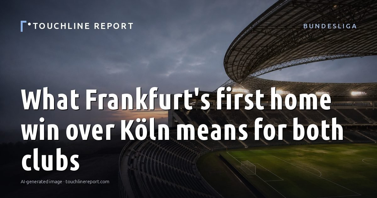 Illustration for the Bundesliga article “What Frankfurt's first home win over Köln means for both clubs”: an AI-generated editorial illustration showing an empty training ground at dawn with cones and markers laid out, with the headline set over it. Illustrative only, not a photograph of a real event.