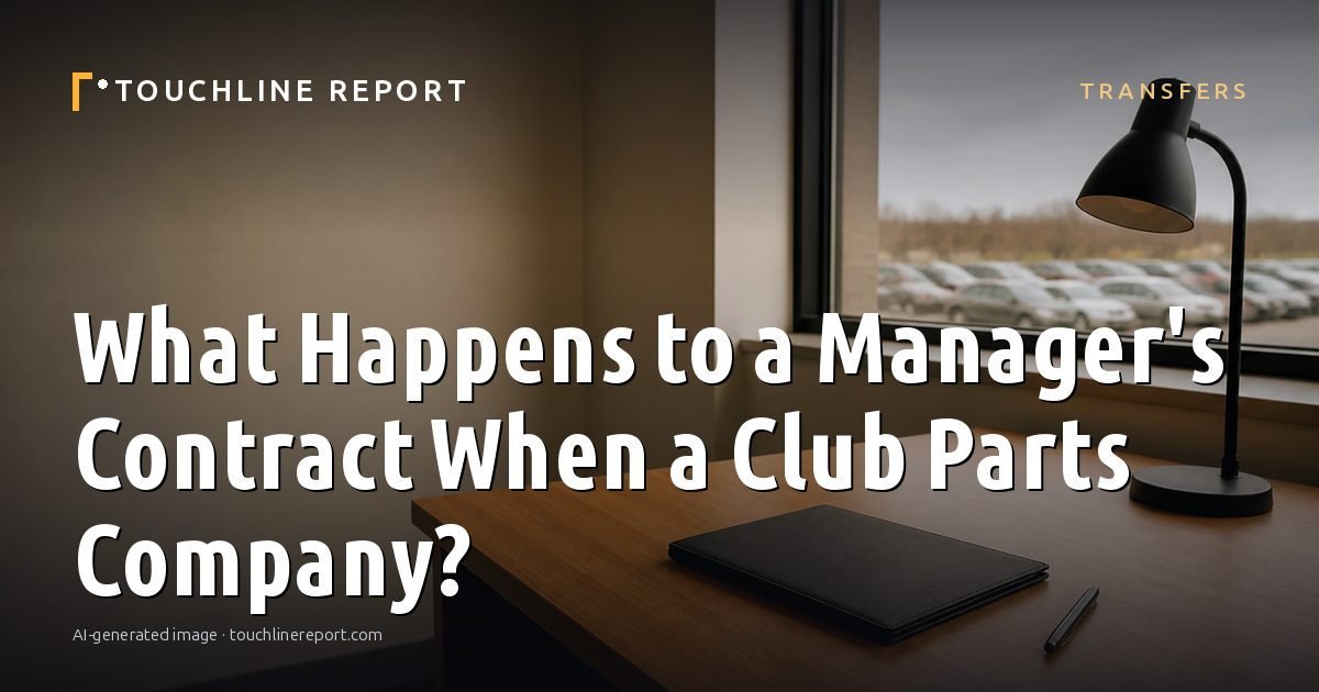 Illustration for the Transfers article “What Happens to a Manager's Contract When a Club Parts Company?”: an AI-generated editorial illustration showing a scene illustrating the subject of the article, with the headline set over it. Illustrative only, not a photograph of a real event.