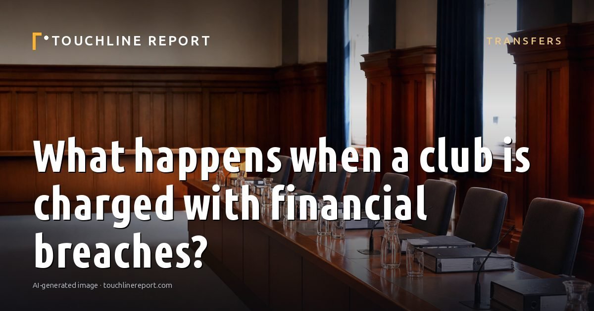 Illustration for the Transfers article “What happens when a club is charged with financial breaches?”: an AI-generated editorial illustration showing a scene illustrating the subject of the article, with the headline set over it. Illustrative only, not a photograph of a real event.