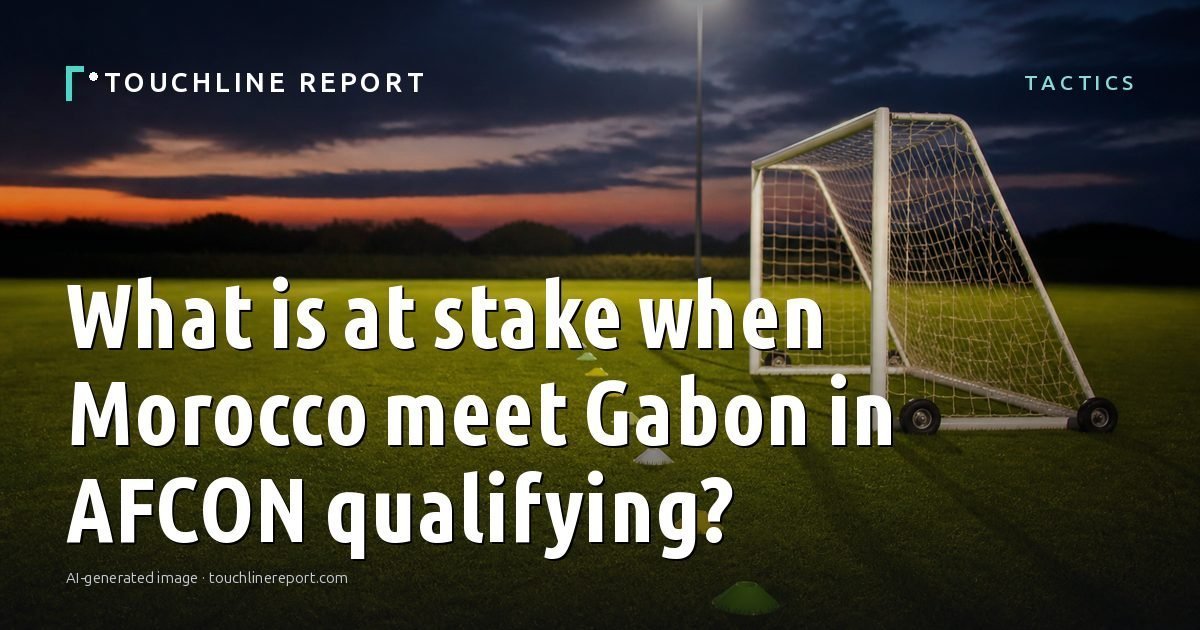 Illustration for the Tactics article “What is at stake when Morocco meet Gabon in AFCON qualifying?”: an AI-generated editorial illustration showing an empty training ground at dawn with cones and markers laid out, with the headline set over it. Illustrative only, not a photograph of a real event.