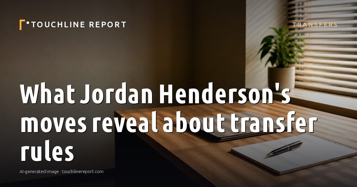 Illustration for the Transfers article “What Jordan Henderson's moves reveal about transfer rules”: an AI-generated editorial illustration showing a scene illustrating the subject of the article, with the headline set over it. Illustrative only, not a photograph of a real event.