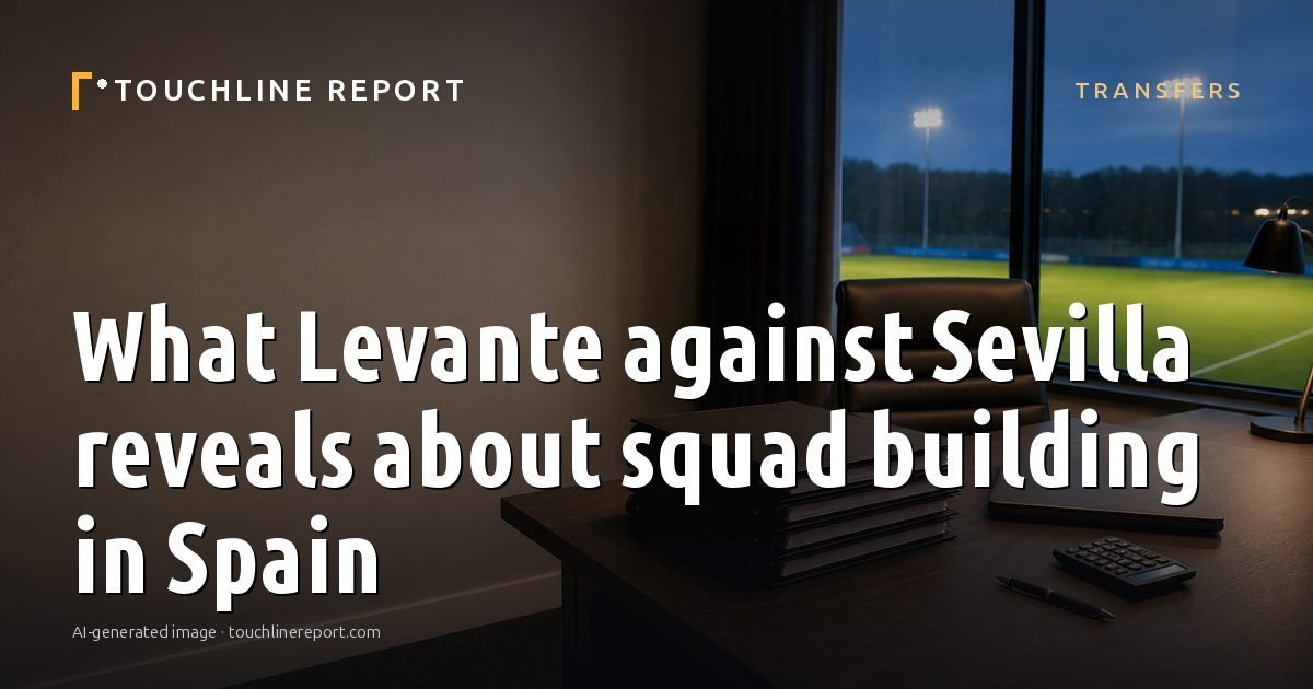 Illustration for the Transfers article “What Levante against Sevilla reveals about squad building in Spain”: an AI-generated editorial illustration showing an empty training ground at dawn with cones and markers laid out, with the headline set over it. Illustrative only, not a photograph of a real event.