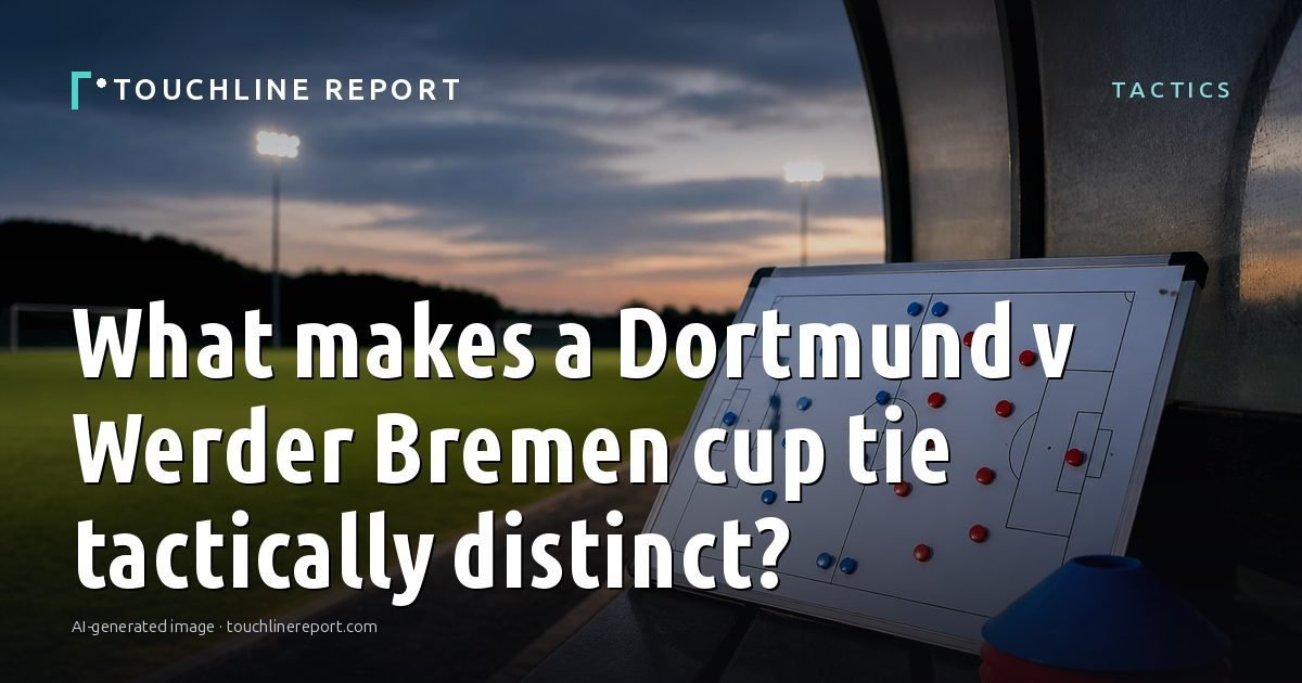 Illustration for the Tactics article “What makes a Dortmund v Werder Bremen cup tie tactically distinct?”: an AI-generated editorial illustration showing a scene illustrating the subject of the article, with the headline set over it. Illustrative only, not a photograph of a real event.