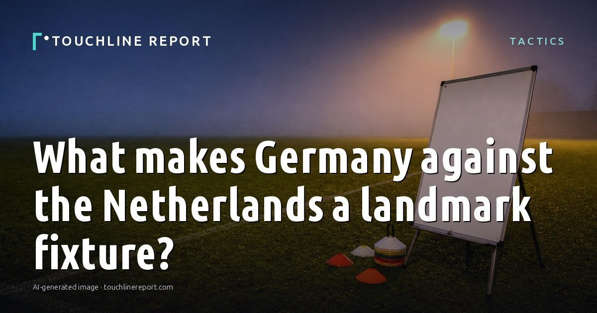 Illustration for the Tactics article “What makes Germany against the Netherlands a landmark fixture?”: an AI-generated editorial illustration showing an empty training ground at dawn with cones and markers laid out, with the headline set over it. Illustrative only, not a photograph of a real event.
