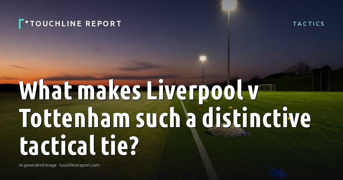 Illustration for the Tactics article “What makes Liverpool v Tottenham such a distinctive tactical tie?”: an AI-generated editorial illustration showing an empty training ground at dawn with cones and markers laid out, with the headline set over it. Illustrative only, not a photograph of a real event.