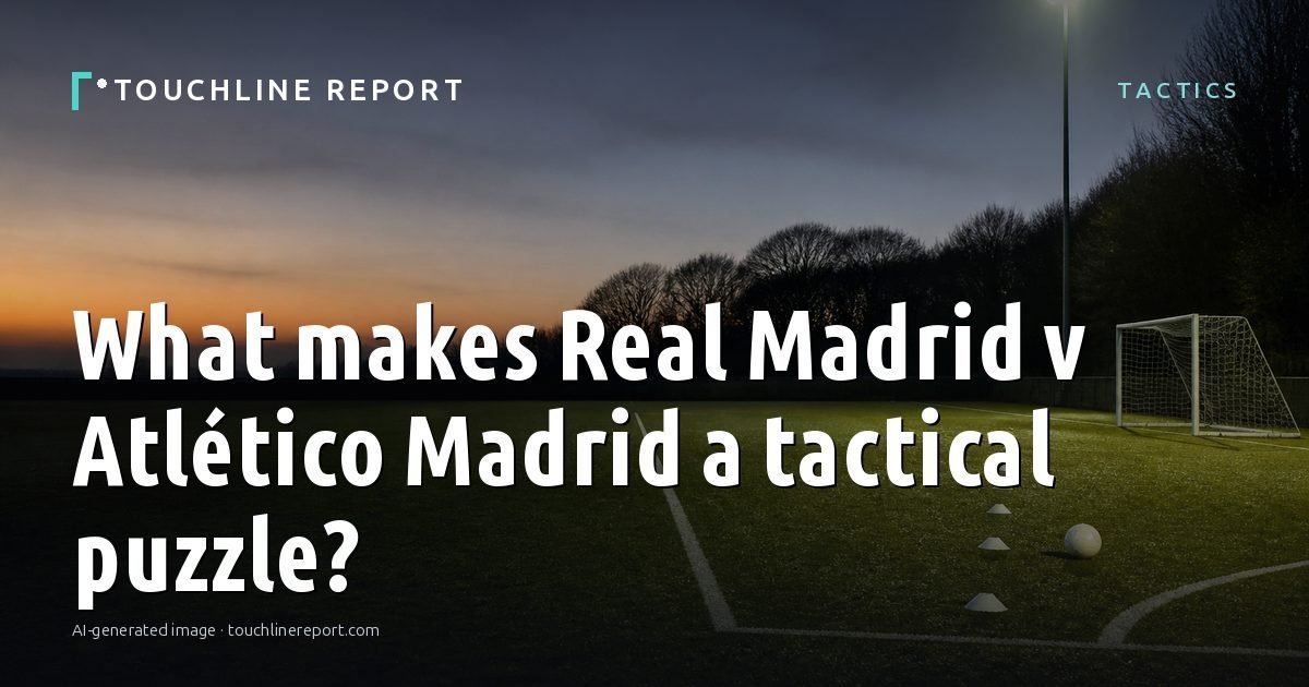 Illustration for the Tactics article “What makes Real Madrid v Atlético Madrid a tactical puzzle?”: an AI-generated editorial illustration showing a scene illustrating the subject of the article, with the headline set over it. Illustrative only, not a photograph of a real event.