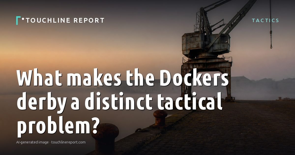 Illustration for the Tactics article “What makes the Dockers derby a distinct tactical problem?”: an AI-generated editorial illustration showing an empty training ground at dawn with cones and markers laid out, with the headline set over it. Illustrative only, not a photograph of a real event.