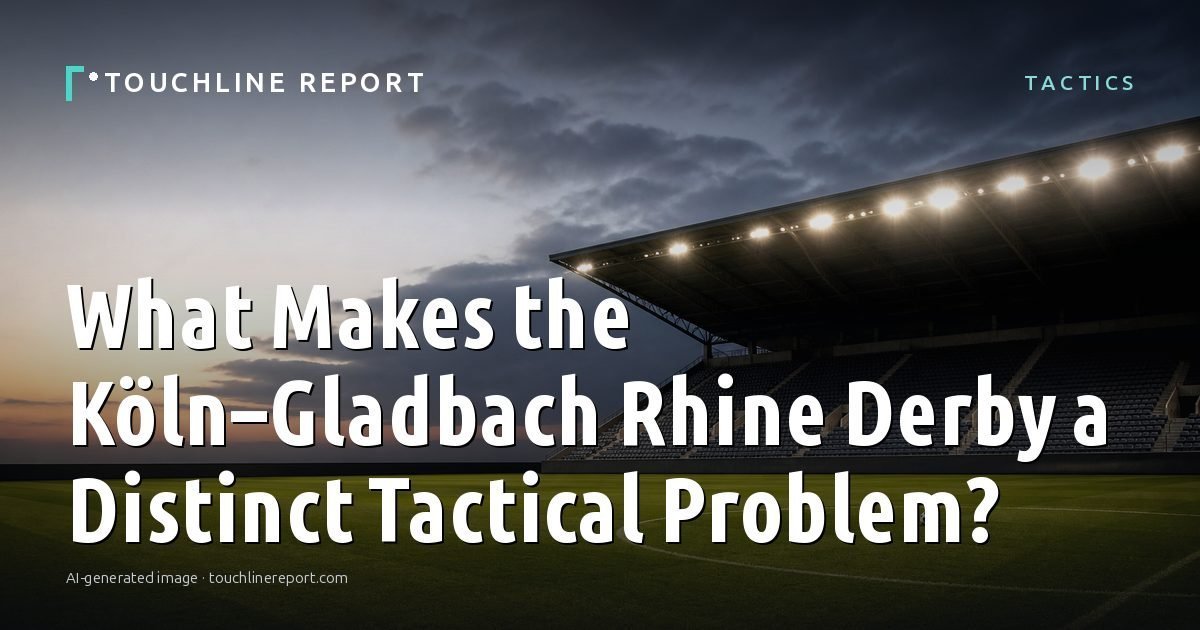 Illustration for the Tactics article “What Makes the Köln–Gladbach Rhine Derby a Distinct Tactical Problem?”: an AI-generated editorial illustration showing a scene illustrating the subject of the article, with the headline set over it. Illustrative only, not a photograph of a real event.