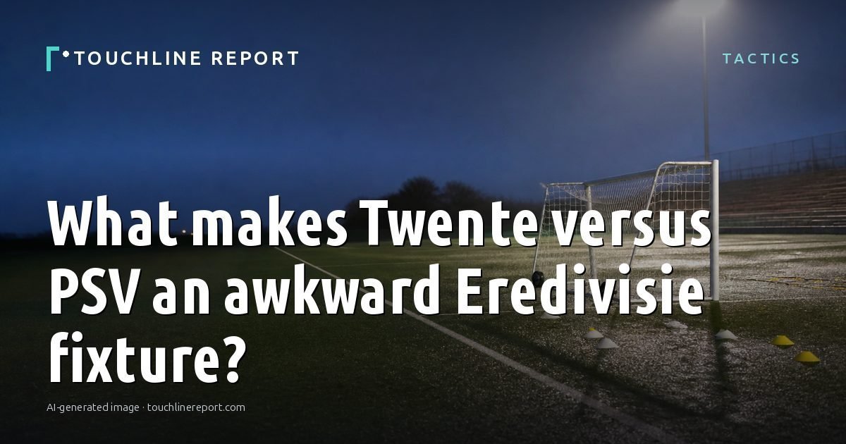Illustration for the Tactics article “What makes Twente versus PSV an awkward Eredivisie fixture?”: an AI-generated editorial illustration showing an empty training ground at dawn with cones and markers laid out, with the headline set over it. Illustrative only, not a photograph of a real event.