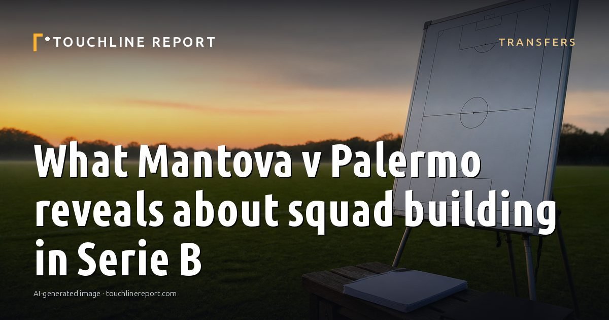 Illustration for the Transfers article “What Mantova v Palermo reveals about squad building in Serie B”: an AI-generated editorial illustration showing an empty training ground at dawn with cones and markers laid out, with the headline set over it. Illustrative only, not a photograph of a real event.