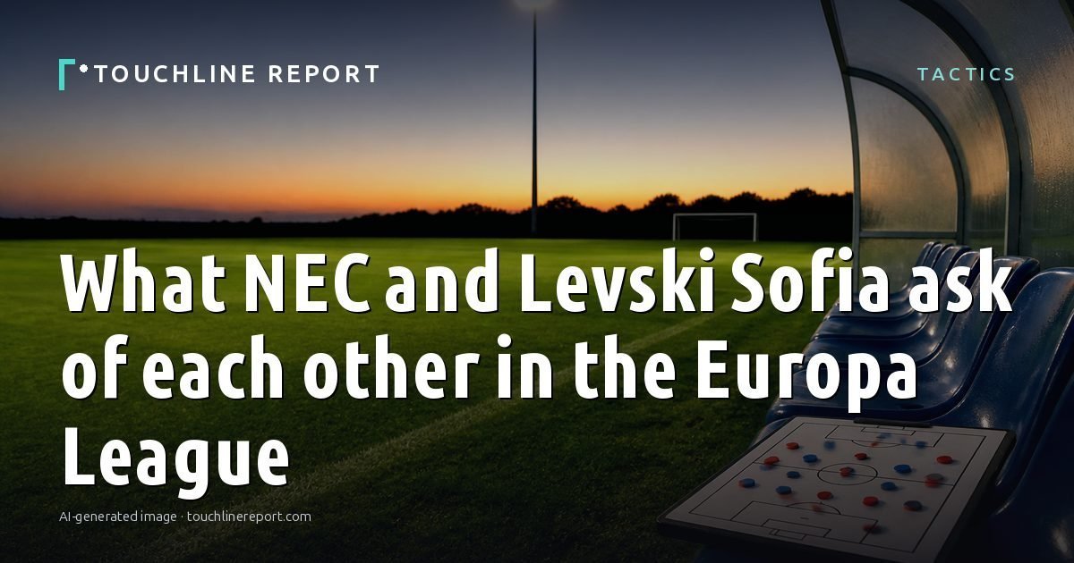 Illustration for the Tactics article “What NEC and Levski Sofia ask of each other in the Europa League”: an AI-generated editorial illustration showing a scene illustrating the subject of the article, with the headline set over it. Illustrative only, not a photograph of a real event.